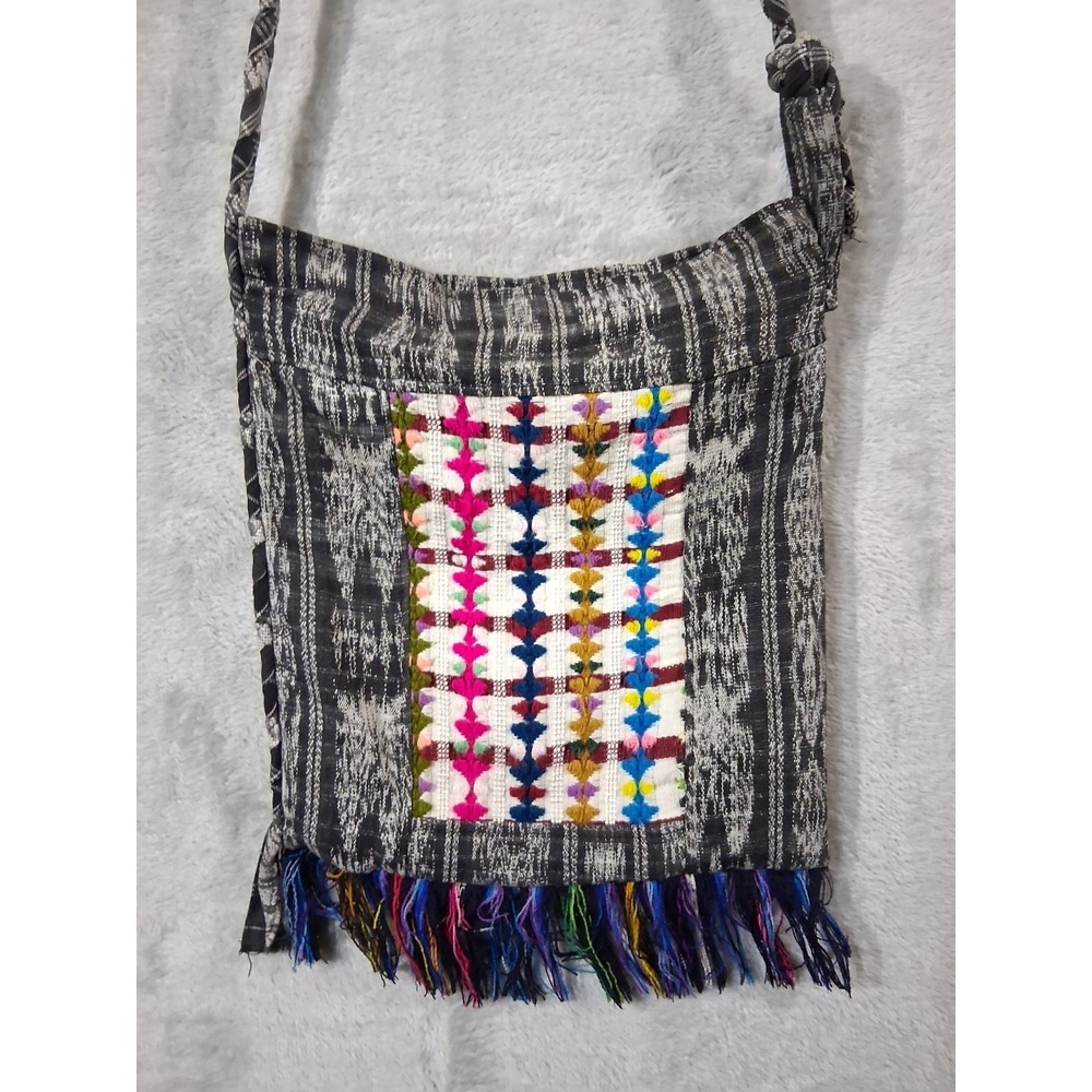 Vtg Guatemala Crossbody Bag Boho Embroidered Handwoven Fringe Cotton Purse Mint